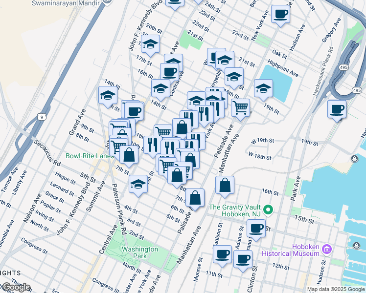 map of restaurants, bars, coffee shops, grocery stores, and more near Bergenline Ave & 12th St in Union City