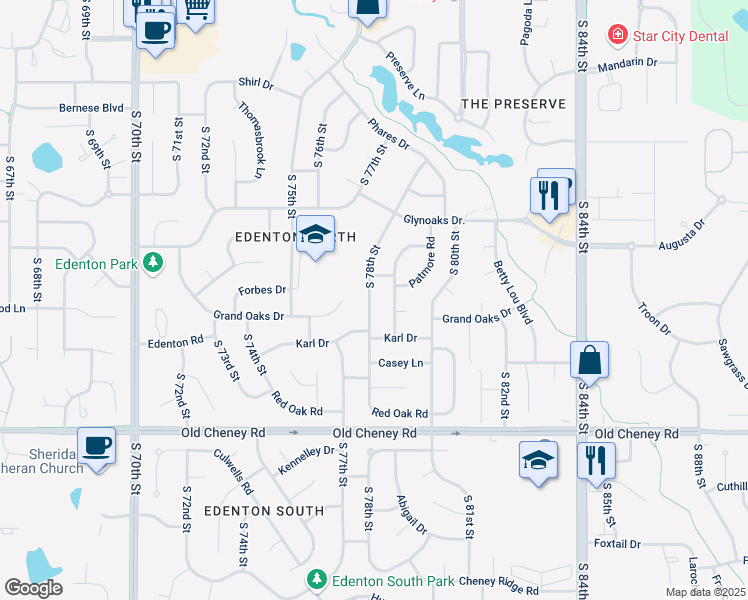 map of restaurants, bars, coffee shops, grocery stores, and more near 5344 South 78th Street in Lincoln