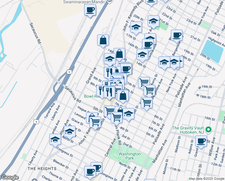 map of restaurants, bars, coffee shops, grocery stores, and more near 803 John F. Kennedy Boulevard in North Bergen