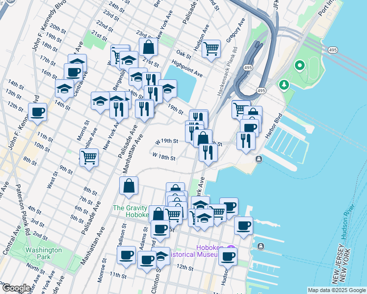 map of restaurants, bars, coffee shops, grocery stores, and more near 25 Hackensack Avenue in Weehawken