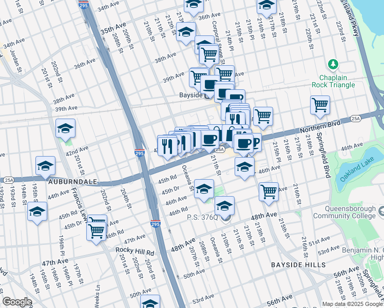 map of restaurants, bars, coffee shops, grocery stores, and more near 20965 Northern Boulevard in Queens