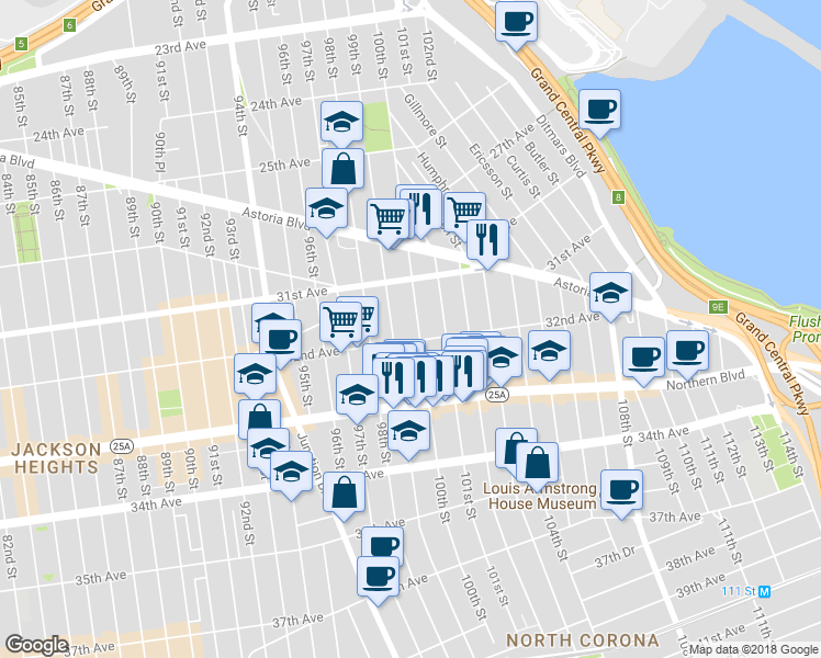 map of restaurants, bars, coffee shops, grocery stores, and more near 31-52 100th Street in Queens