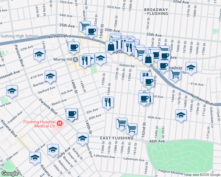 map of restaurants, bars, coffee shops, grocery stores, and more near 42-61 156th Street in Queens