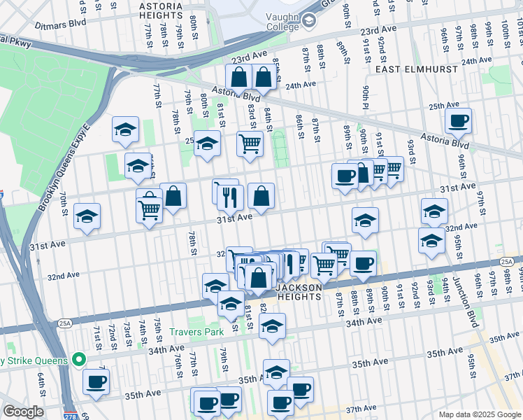 map of restaurants, bars, coffee shops, grocery stores, and more near 30-60 83rd Street in Queens