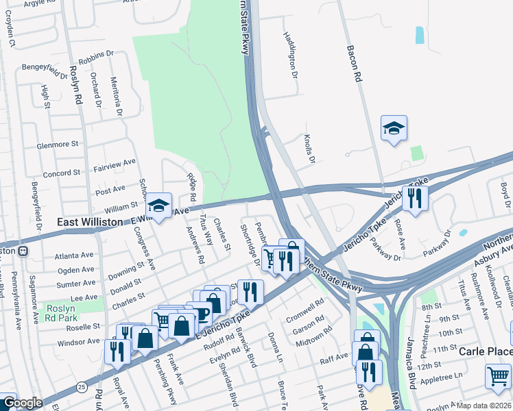 map of restaurants, bars, coffee shops, grocery stores, and more near 198 Hillside Avenue in Mineola