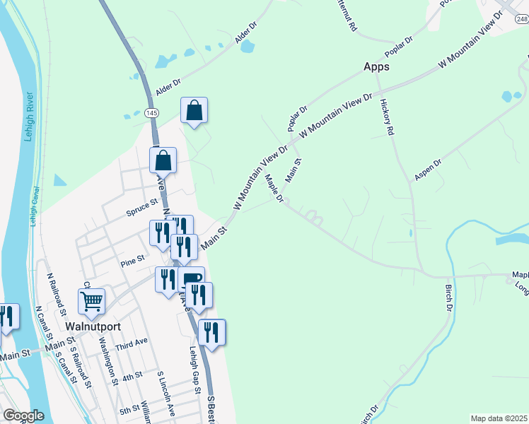 map of restaurants, bars, coffee shops, grocery stores, and more near 4857 Main St in Walnutport