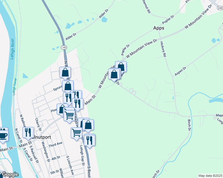 map of restaurants, bars, coffee shops, grocery stores, and more near 4857 Main St in Walnutport