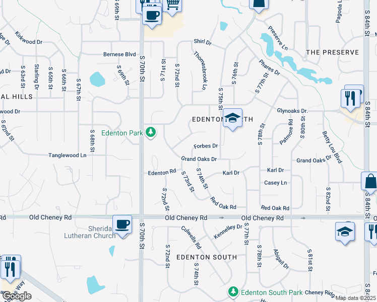 map of restaurants, bars, coffee shops, grocery stores, and more near 7206 Forbes Drive in Lincoln