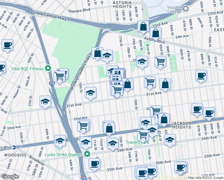 map of restaurants, bars, coffee shops, grocery stores, and more near 30-30 75th Street in Queens
