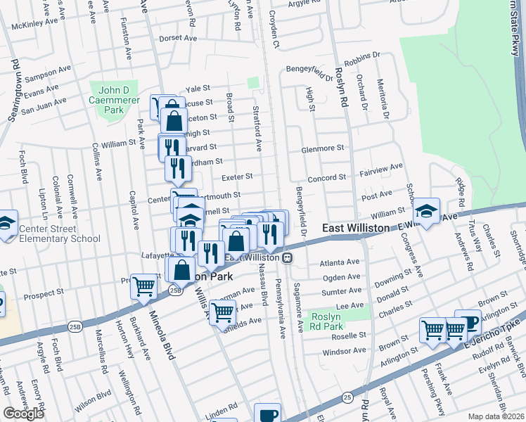 map of restaurants, bars, coffee shops, grocery stores, and more near 92 Cornell Street in Williston Park