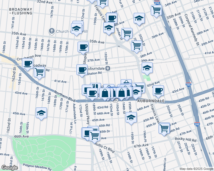 map of restaurants, bars, coffee shops, grocery stores, and more near 19207 42nd Avenue in Queens
