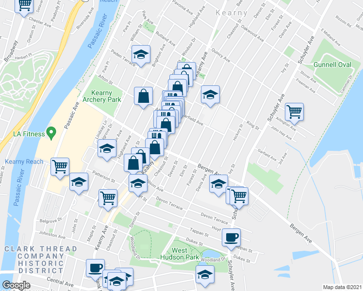 map of restaurants, bars, coffee shops, grocery stores, and more near 257 Devon Street in Kearny