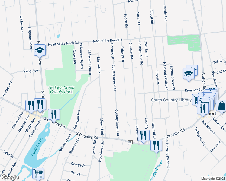 map of restaurants, bars, coffee shops, grocery stores, and more near 38 Country Greens Drive in Bellport