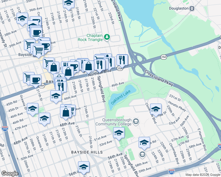 map of restaurants, bars, coffee shops, grocery stores, and more near 220-02 46th Avenue in Queens