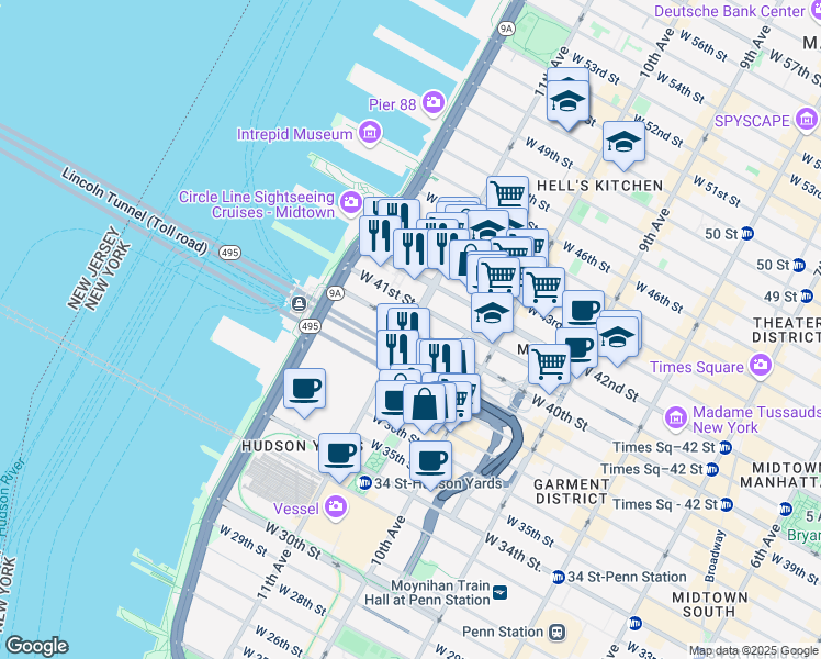 map of restaurants, bars, coffee shops, grocery stores, and more near 11th Avenue in New York
