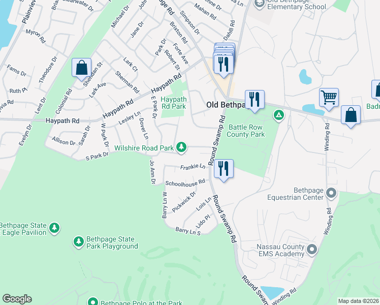 map of restaurants, bars, coffee shops, grocery stores, and more near 20 Melbourne Lane in Old Bethpage