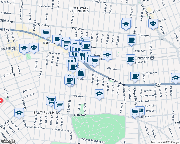 map of restaurants, bars, coffee shops, grocery stores, and more near in Queens