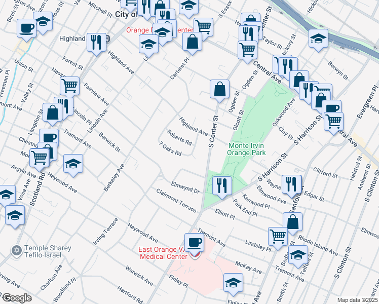 map of restaurants, bars, coffee shops, grocery stores, and more near 507 7 Oaks Road in City of Orange