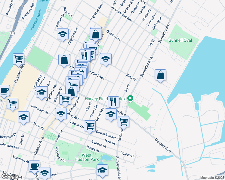 map of restaurants, bars, coffee shops, grocery stores, and more near 188 Davis Avenue in Kearny