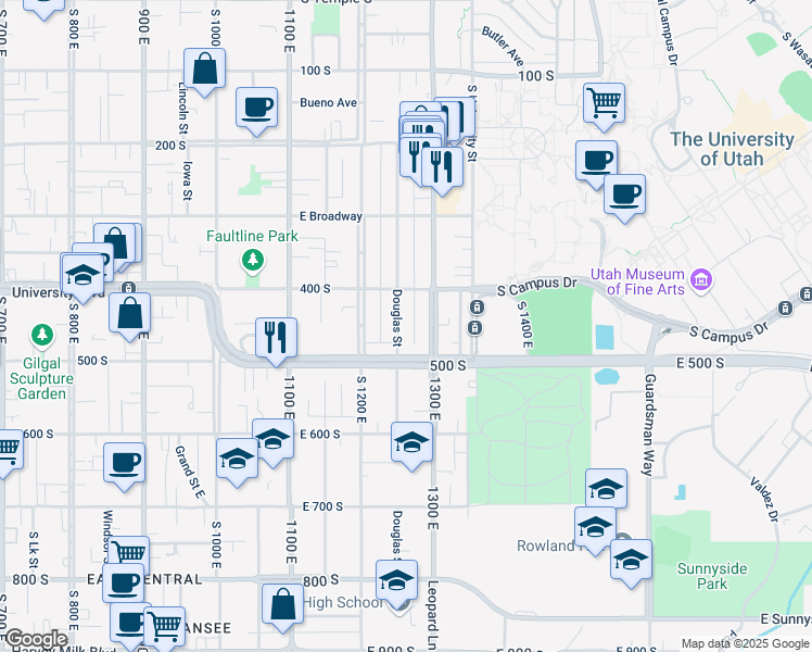 map of restaurants, bars, coffee shops, grocery stores, and more near 441 Douglas Street in Salt Lake City
