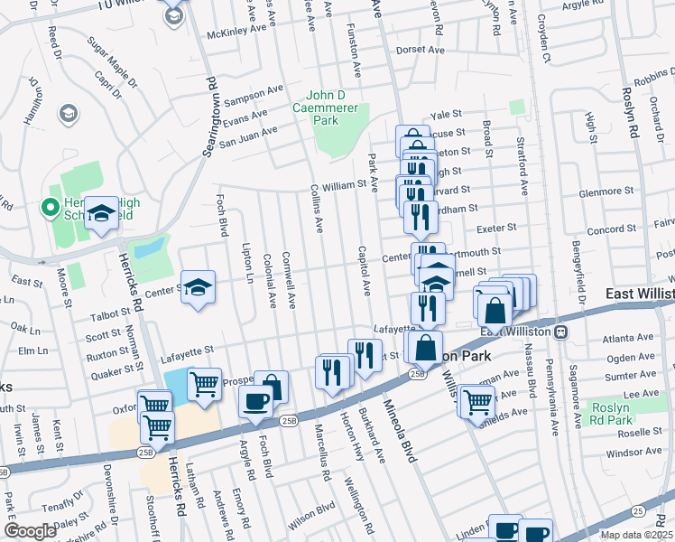 map of restaurants, bars, coffee shops, grocery stores, and more near 102 Center Street in Williston Park