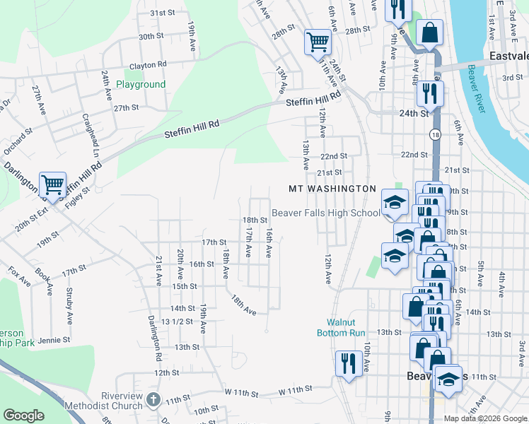 map of restaurants, bars, coffee shops, grocery stores, and more near 1809 16th Ave in Beaver Falls