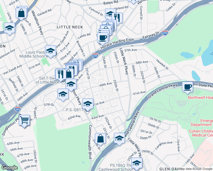 map of restaurants, bars, coffee shops, grocery stores, and more near 25302 60th Avenue in Queens