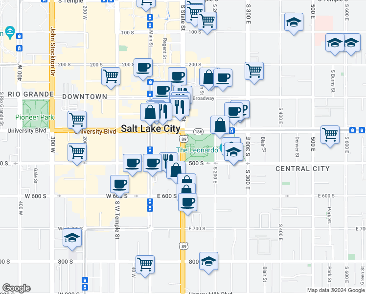 map of restaurants, bars, coffee shops, grocery stores, and more near in Salt Lake City