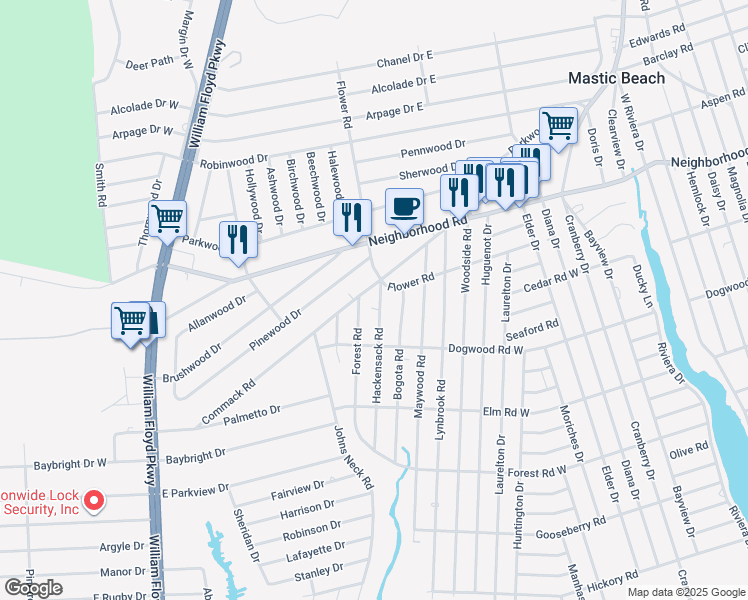 map of restaurants, bars, coffee shops, grocery stores, and more near 64 Hackensack Road in Mastic Beach