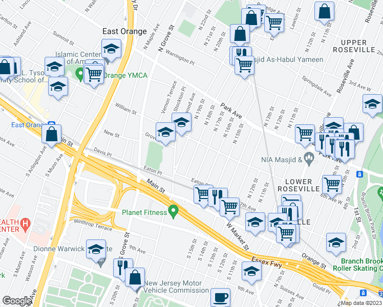 map of restaurants, bars, coffee shops, grocery stores, and more near 43 North 18th Street in East Orange