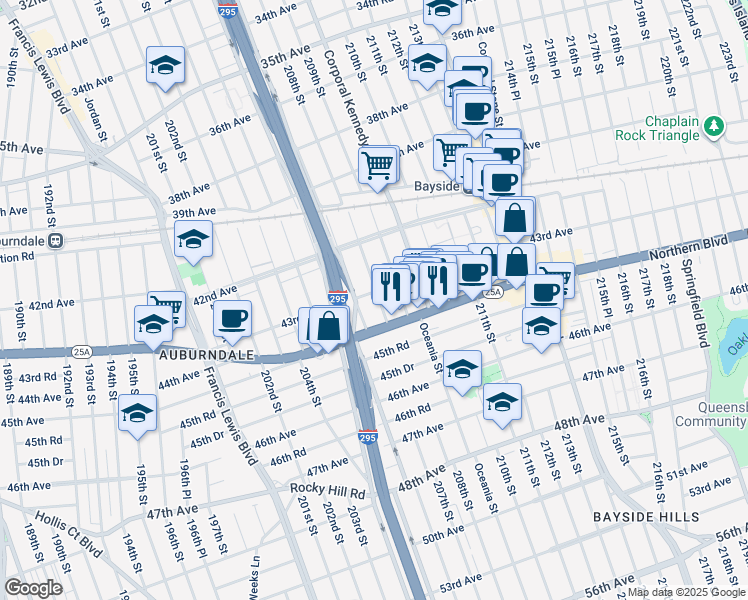map of restaurants, bars, coffee shops, grocery stores, and more near 207-20 43rd Avenue in Queens