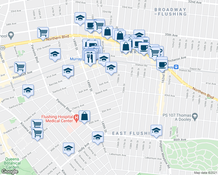 map of restaurants, bars, coffee shops, grocery stores, and more near 42-52 Murray Street in Queens