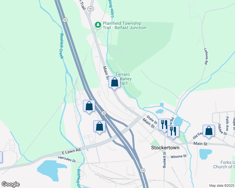 map of restaurants, bars, coffee shops, grocery stores, and more near 513 Main Street in Easton