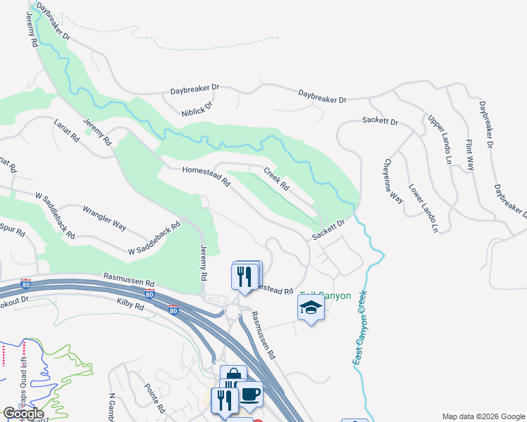 map of restaurants, bars, coffee shops, grocery stores, and more near 3140 Homestead Road in Park City