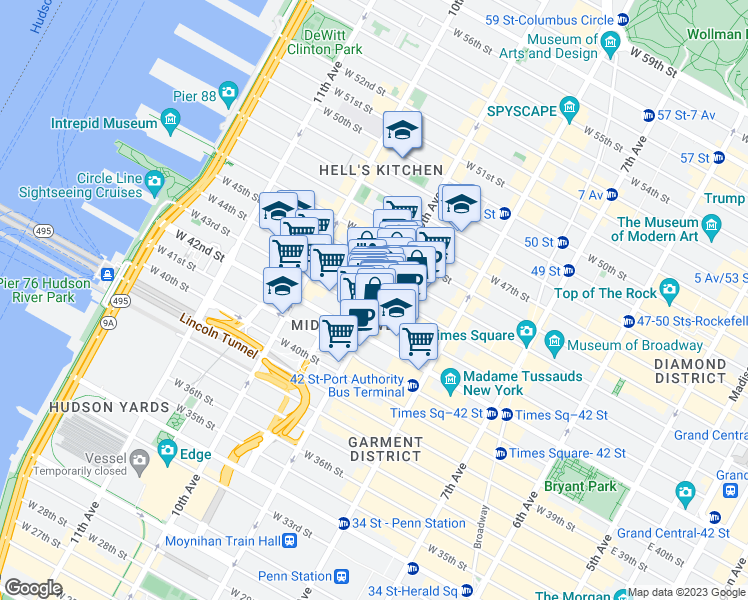 map of restaurants, bars, coffee shops, grocery stores, and more near 615 9th Avenue in New York