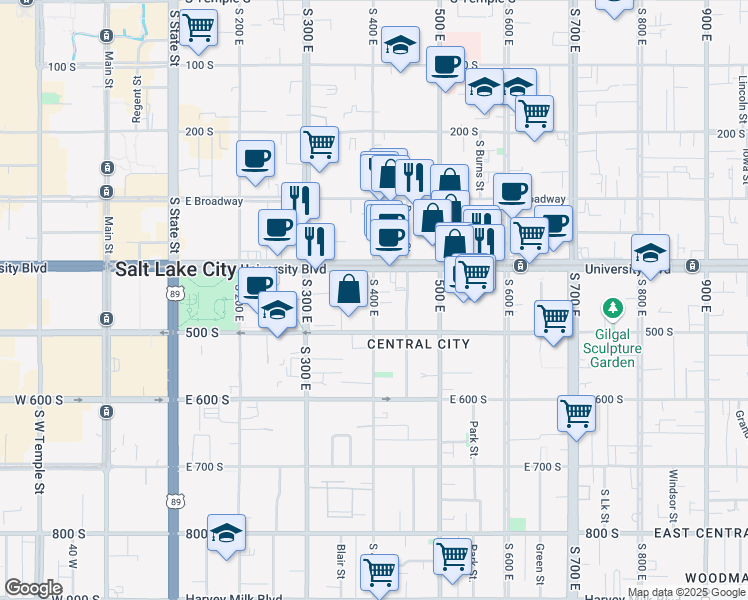 map of restaurants, bars, coffee shops, grocery stores, and more near 443 South 400 East in Salt Lake City