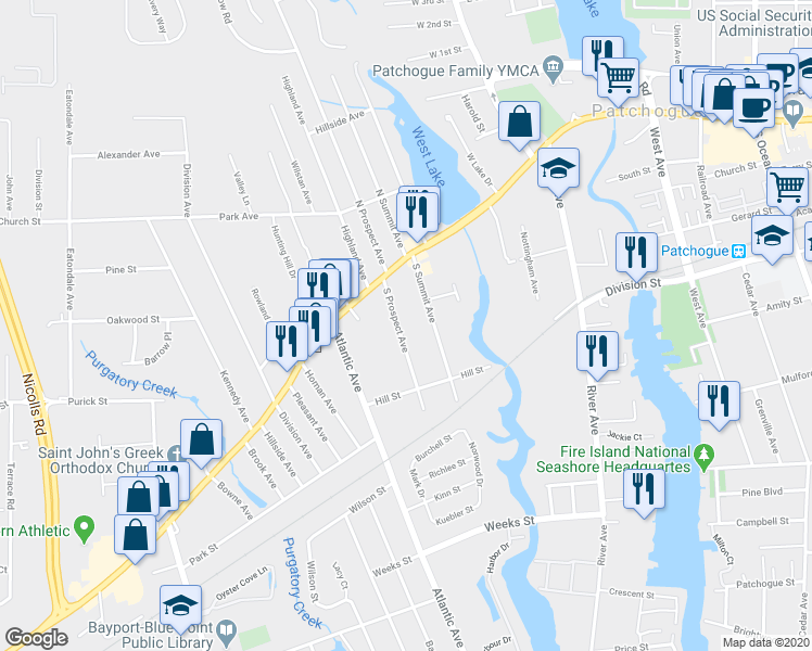 map of restaurants, bars, coffee shops, grocery stores, and more near 14 South Prospect Avenue in Patchogue