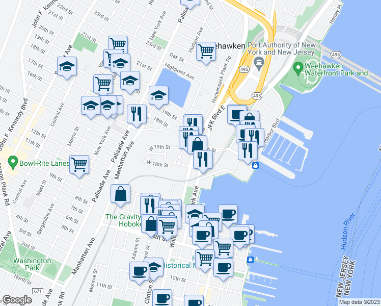 map of restaurants, bars, coffee shops, grocery stores, and more near 1822 Willow Avenue in Weehawken