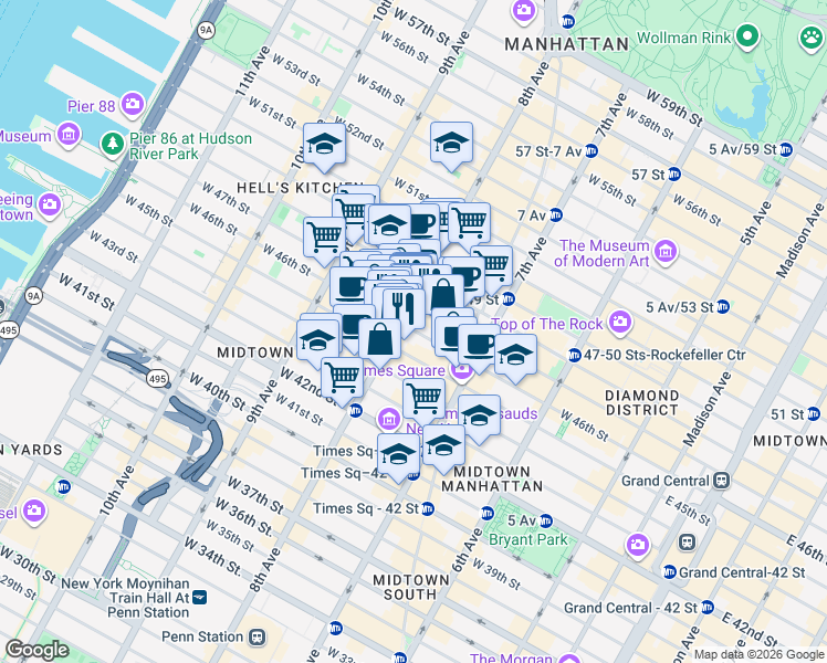 map of restaurants, bars, coffee shops, grocery stores, and more near 286 West 46th Street in New York