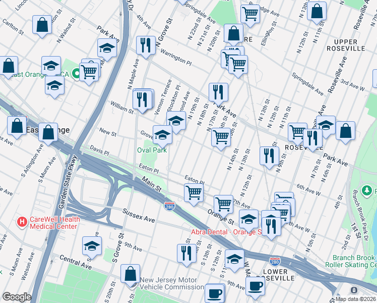 map of restaurants, bars, coffee shops, grocery stores, and more near 100 North 18th Street in East Orange