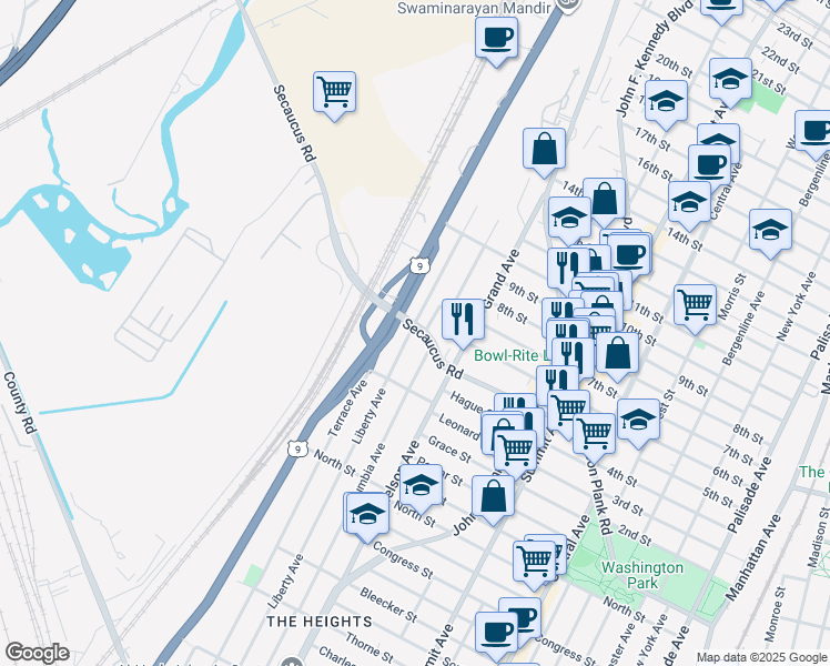 map of restaurants, bars, coffee shops, grocery stores, and more near in North Bergen