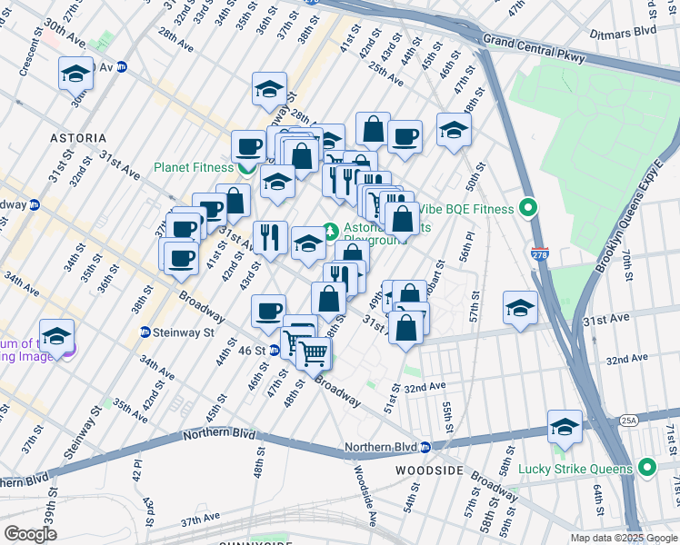 map of restaurants, bars, coffee shops, grocery stores, and more near 30-76 47th Street in Queens