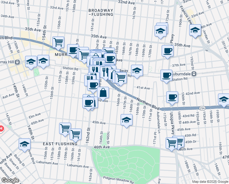 map of restaurants, bars, coffee shops, grocery stores, and more near in Queens