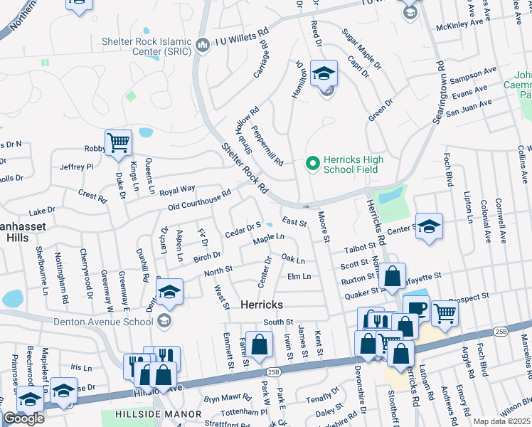 map of restaurants, bars, coffee shops, grocery stores, and more near 1027 Cedar Drive East in New Hyde Park