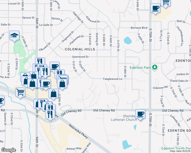 map of restaurants, bars, coffee shops, grocery stores, and more near 6316 Tanglewood Lane in Lincoln