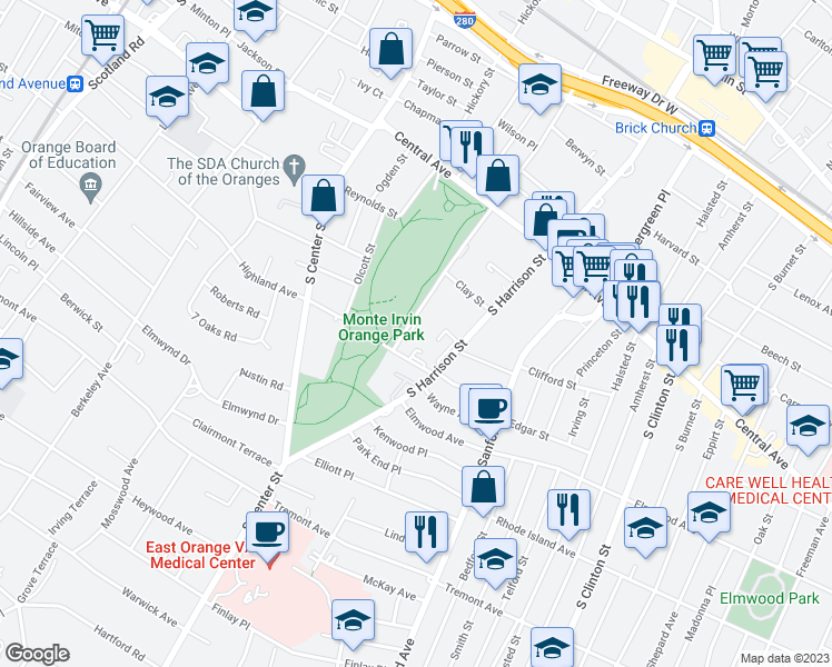 map of restaurants, bars, coffee shops, grocery stores, and more near 400 Oakwood Avenue in City of Orange