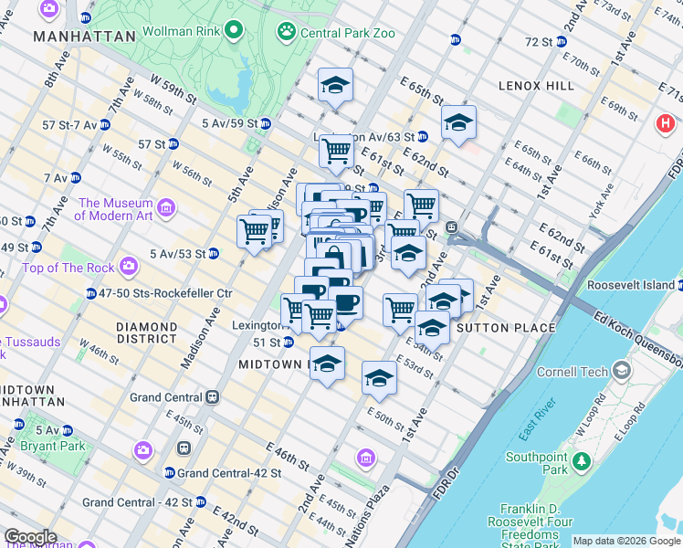 map of restaurants, bars, coffee shops, grocery stores, and more near 141 East 55th Street in New York