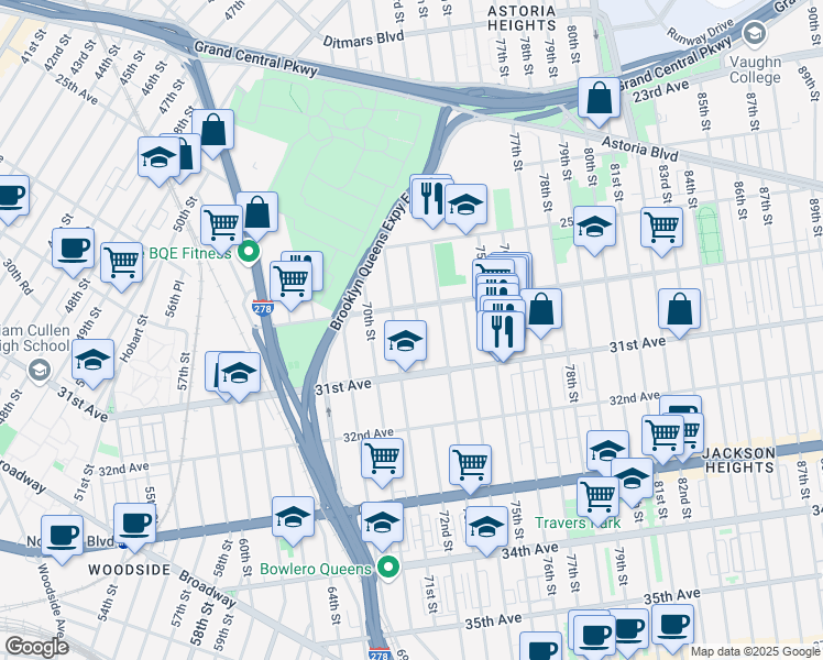 map of restaurants, bars, coffee shops, grocery stores, and more near 30-18 72nd Street in Queens