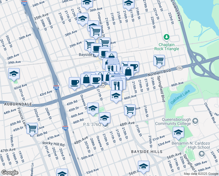 map of restaurants, bars, coffee shops, grocery stores, and more near 213-02 Northern Boulevard in Queens