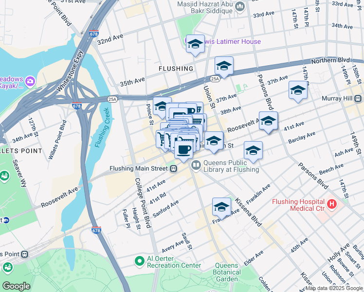 map of restaurants, bars, coffee shops, grocery stores, and more near in Queens